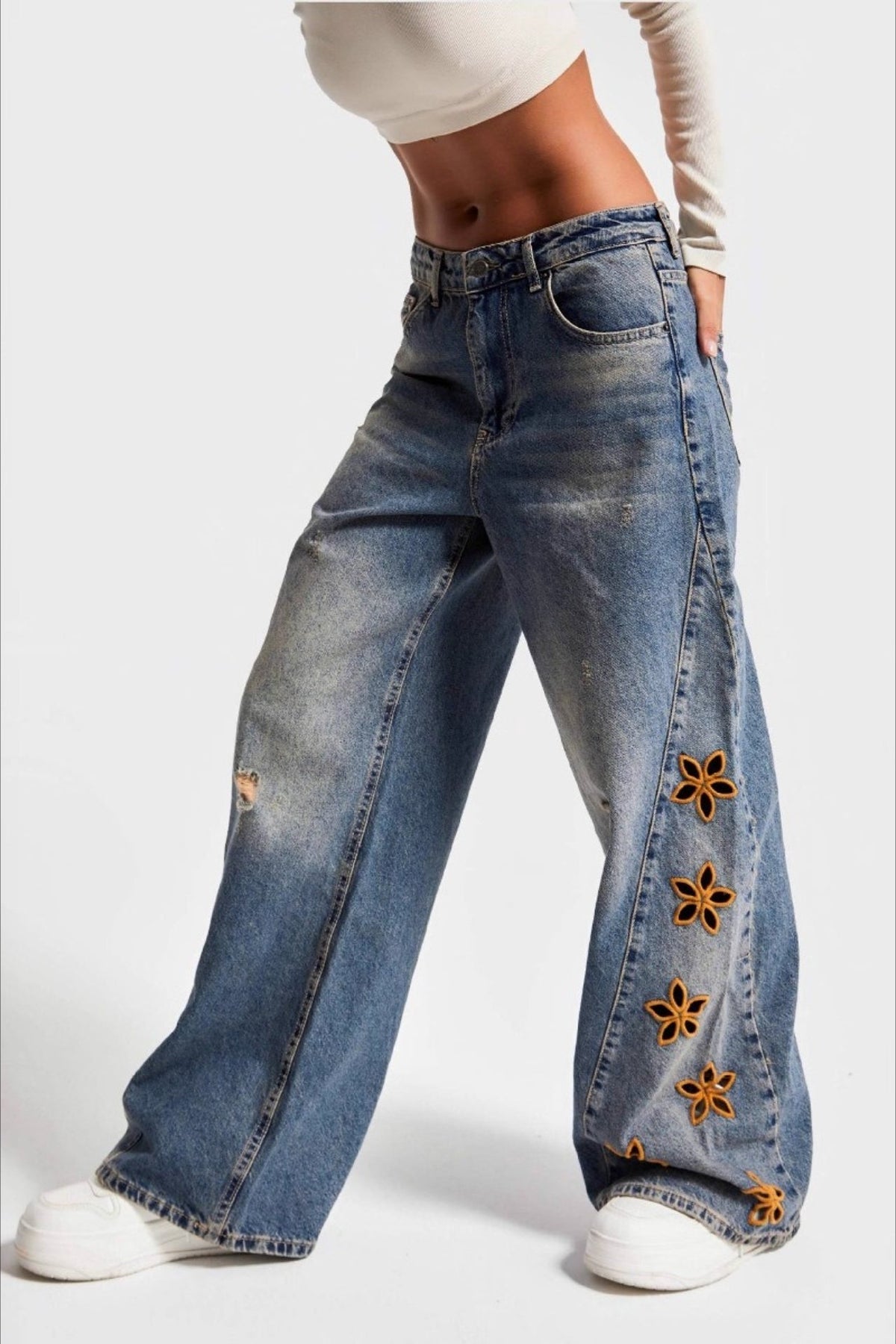 High-Waist Embroidered Wide-Leg Denim Jeans