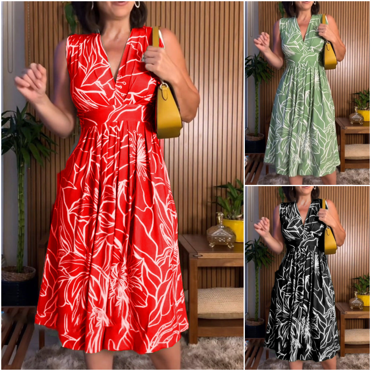 Floral Print Sleeveless Deep V-Neck Empire Waist Midi Dress