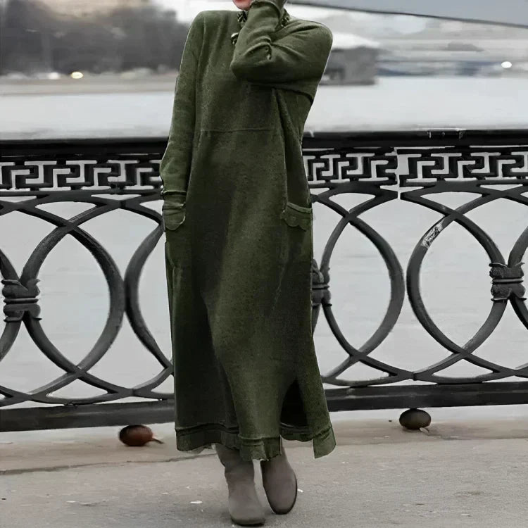 Knit Cowl Neck Long Sleeve Patch Pocket Side Slit Maxi Dress - View 4
