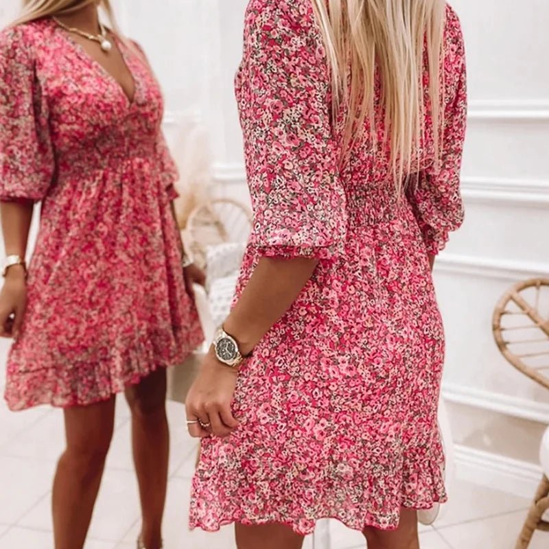 Ditsy Floral V-Neck Smocked Waist Ruffle Hem Mini Dress 3