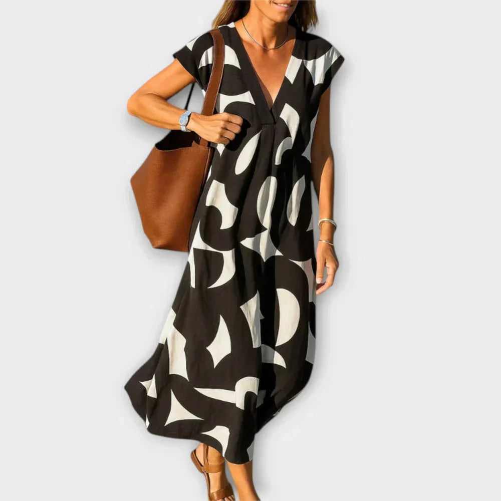 Geometric Print Deep V-Neck Cap Sleeve A-Line Midi Dress 2