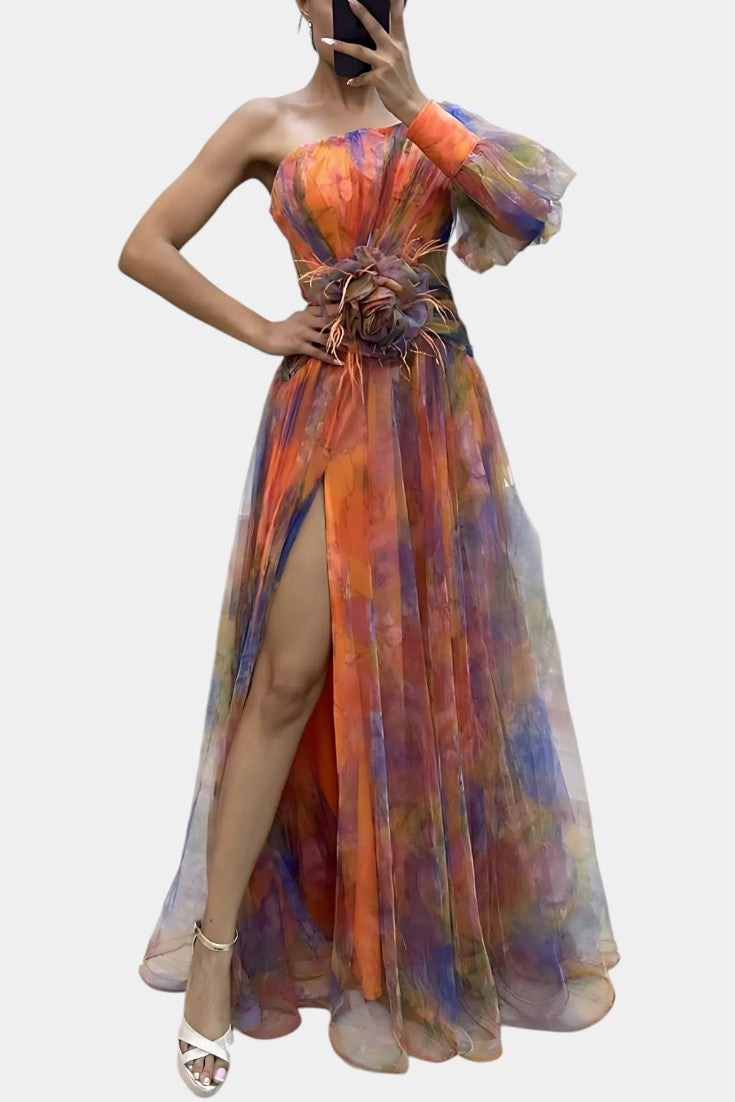 Floral One Shoulder Long Sleeve High Split Maxi Gown 8