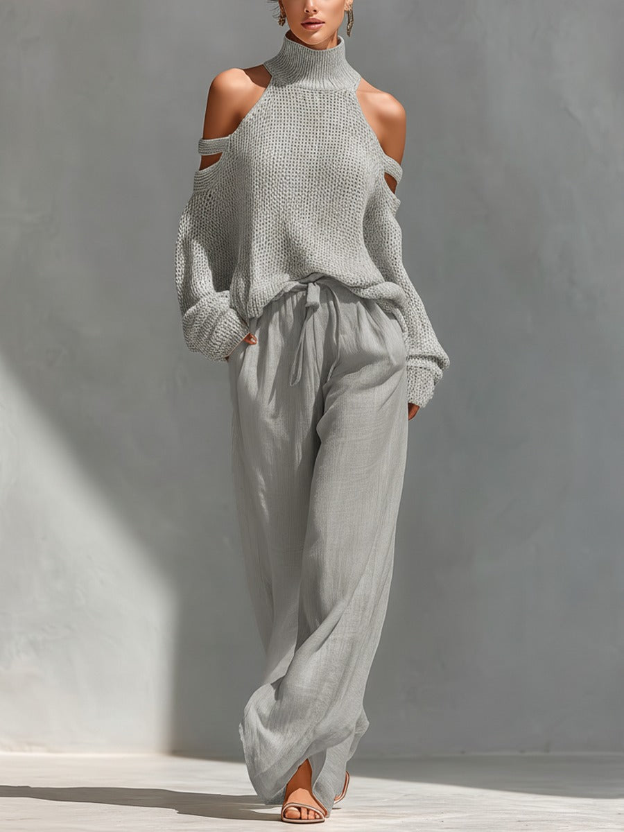 Cold Shoulder Turtleneck Knit Sweater and Wide Leg Pants Two Piece Set 3