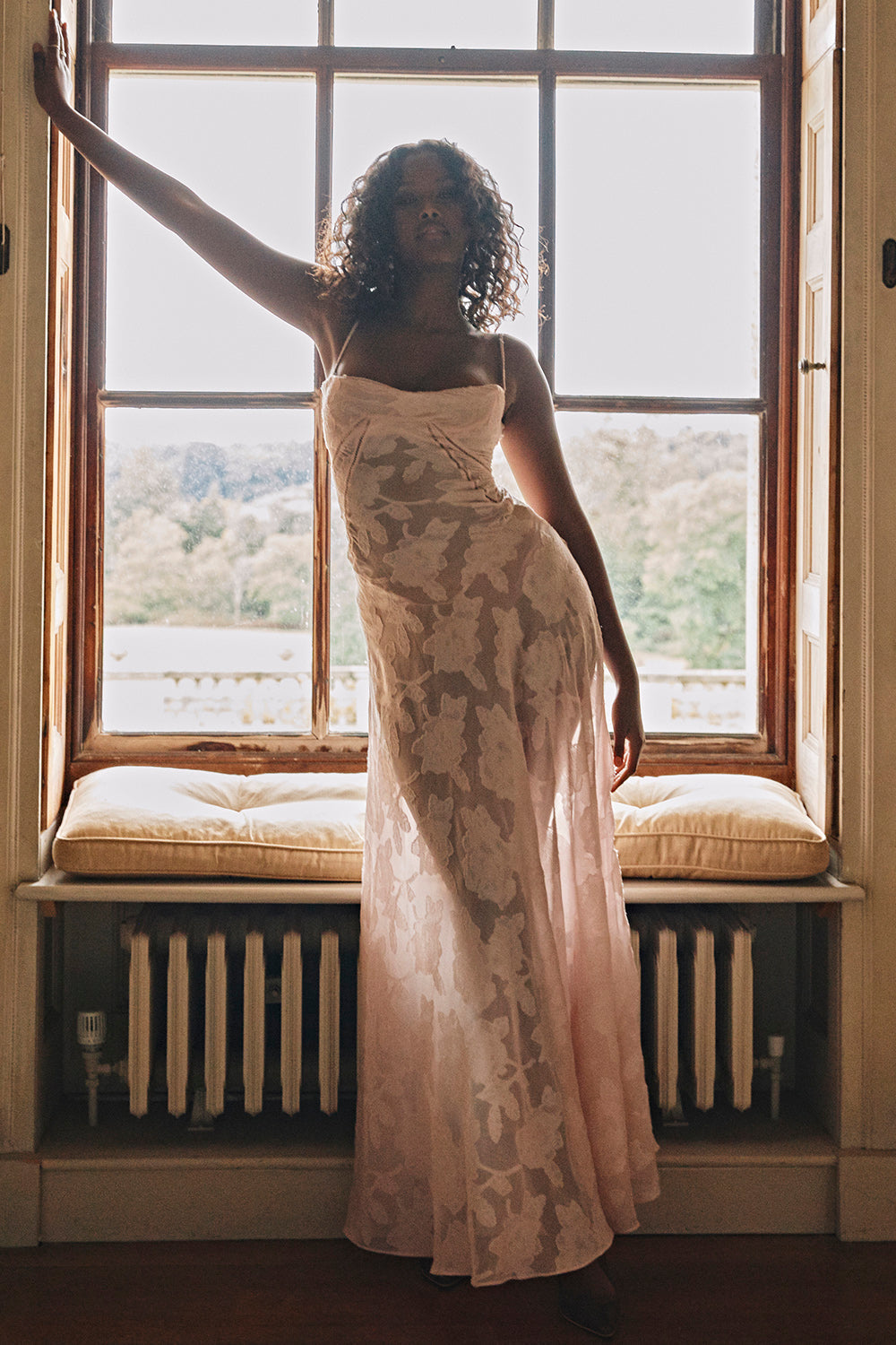 Floral Lace Spaghetti Strap Corset Bodice Sheer Mesh Maxi Gown - View 14