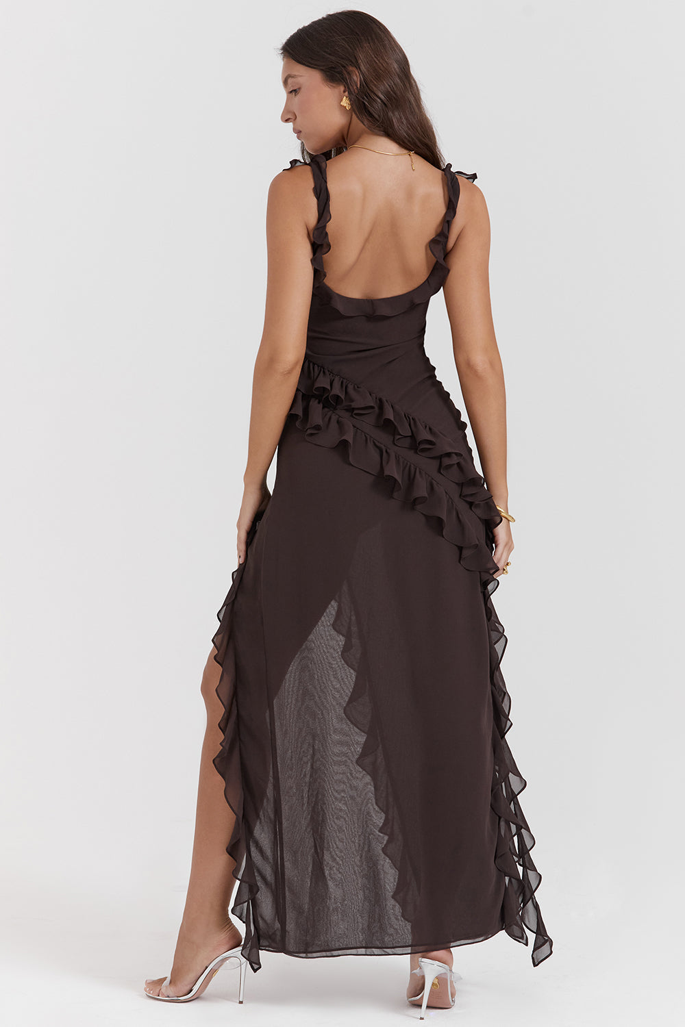 Chiffon Square Neck Ruffle Strap High Split Maxi Gown 29