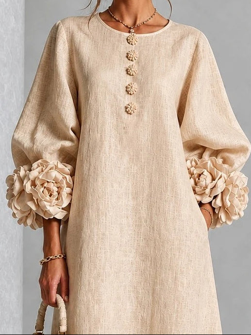 Round Neck 3D Floral Cuff Button Front Midi Dress 6