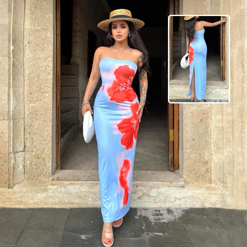 Strapless Floral Print Bodycon High Split Maxi Dress