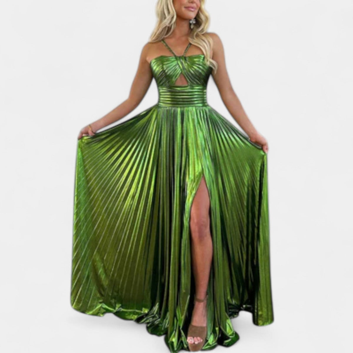 Metallic Pleated Twist Front High Split Maxi Gown 3