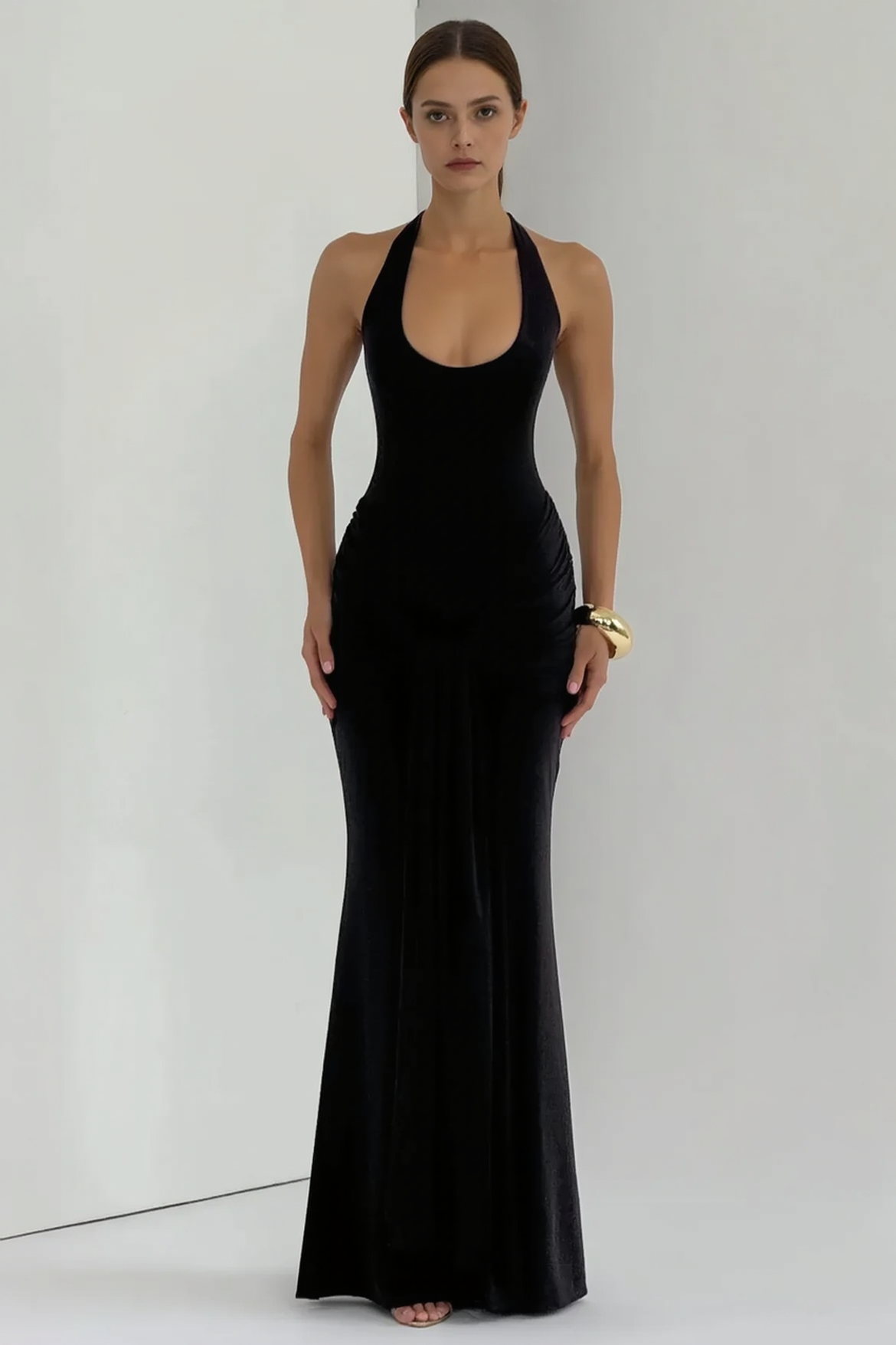 Halter Neck Backless Draped Bodycon Maxi Dress - View 6