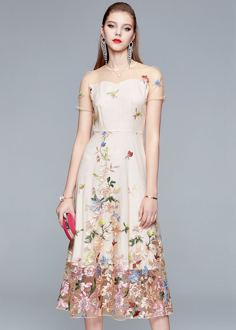 Floral Embroidered Mesh Illusion Neck Short Sleeve Midi Dress