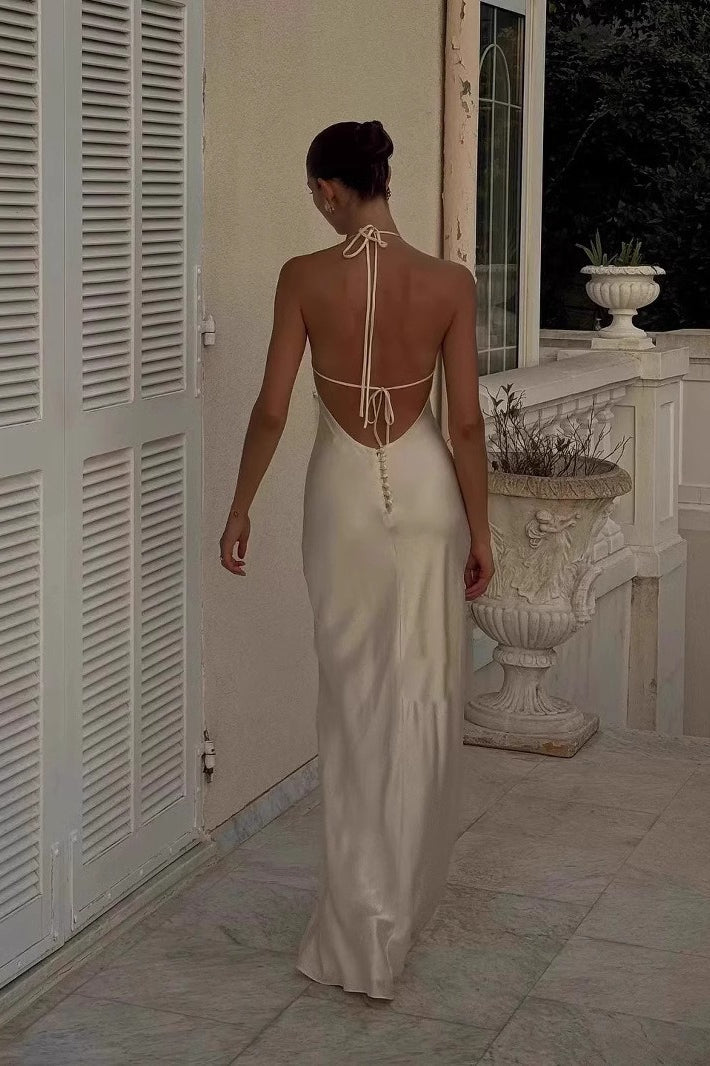 Satin Halter Neck Backless Bias Cut Slip Maxi Dress in White - View 3