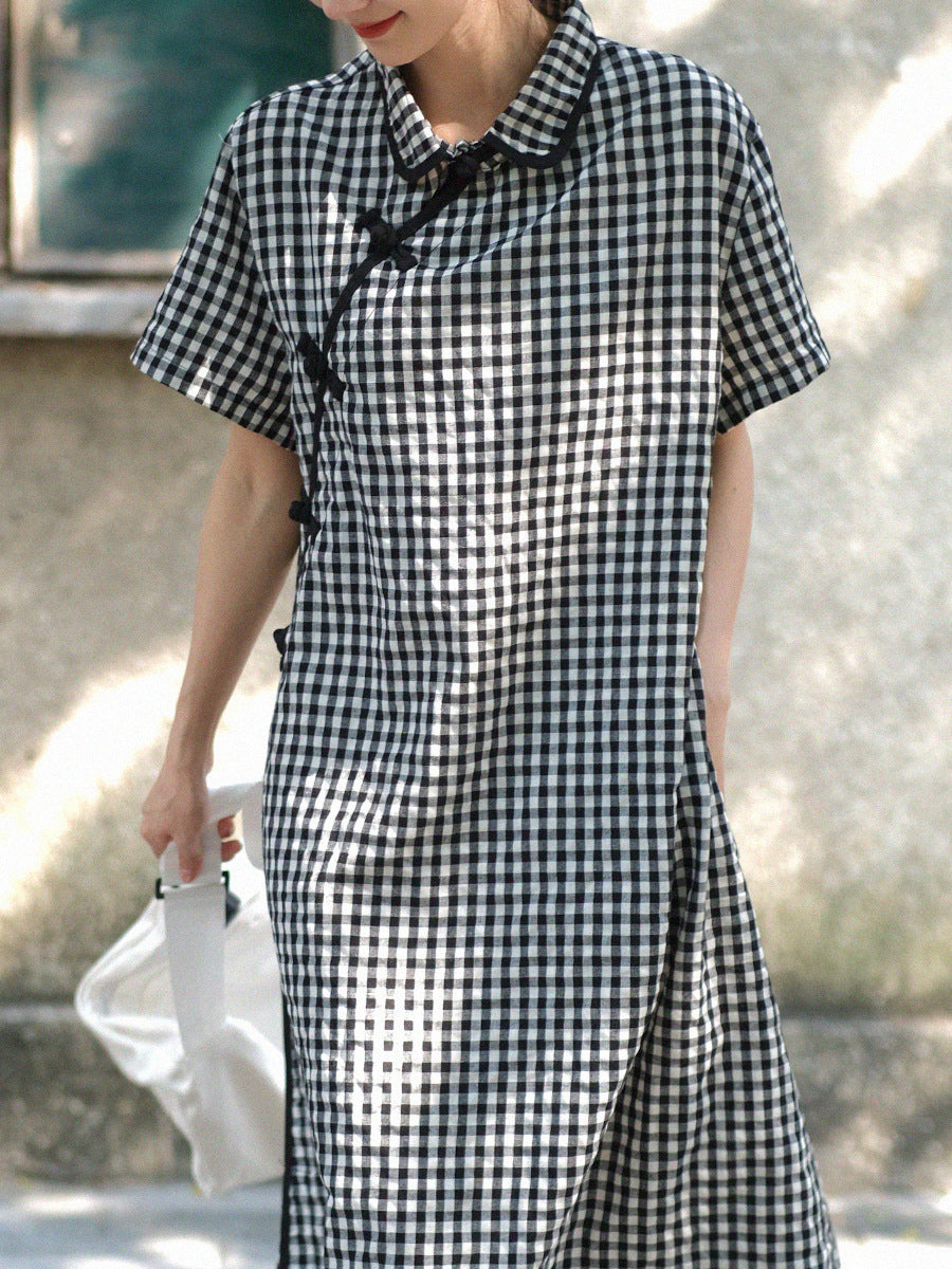 Gingham Check Mandarin Collar Frog Button Short Sleeve Maxi Dress - View 5