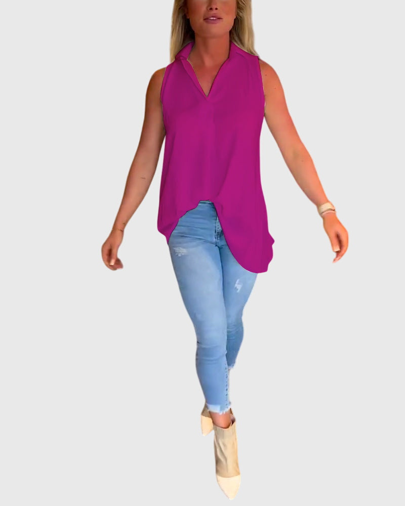 Collared Sleeveless High Low Blouse 18