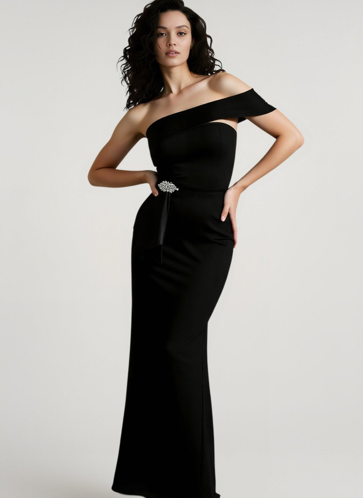 Satin Strapless Cut Out Peplum Rhinestone Column Maxi Dress - View 5