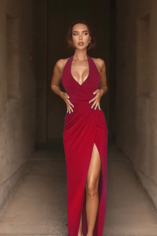 Halter Neck Deep V Ruched High Split Maxi Dress 5