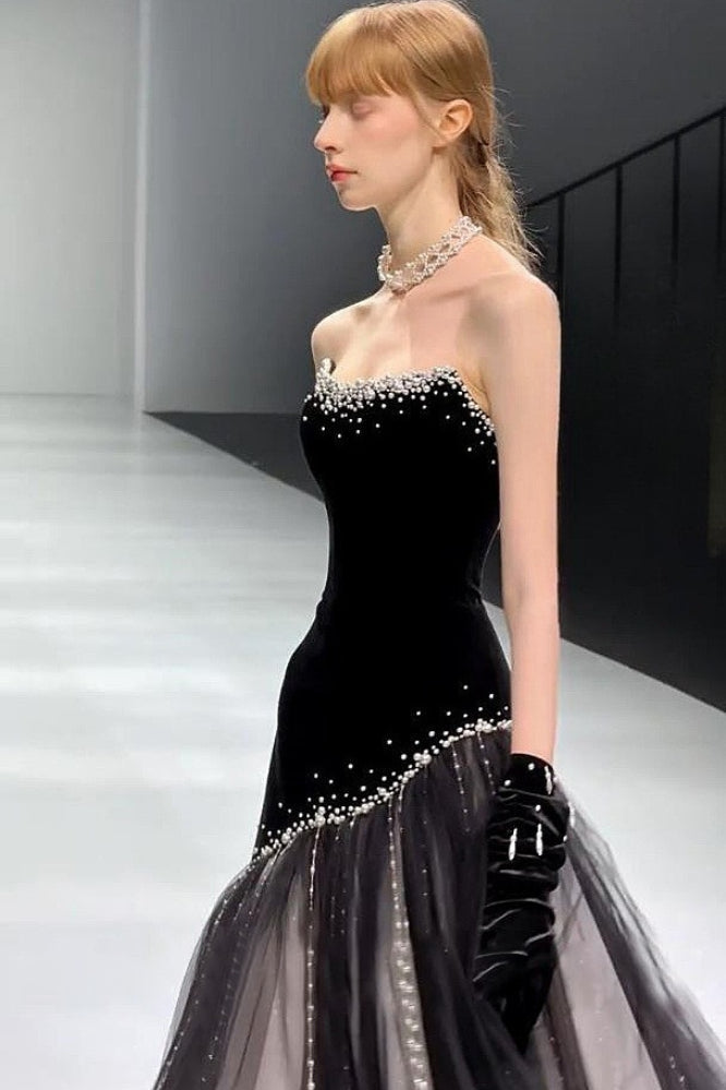 Velvet Strapless Beaded Tulle Mermaid Prom Dress - View 3