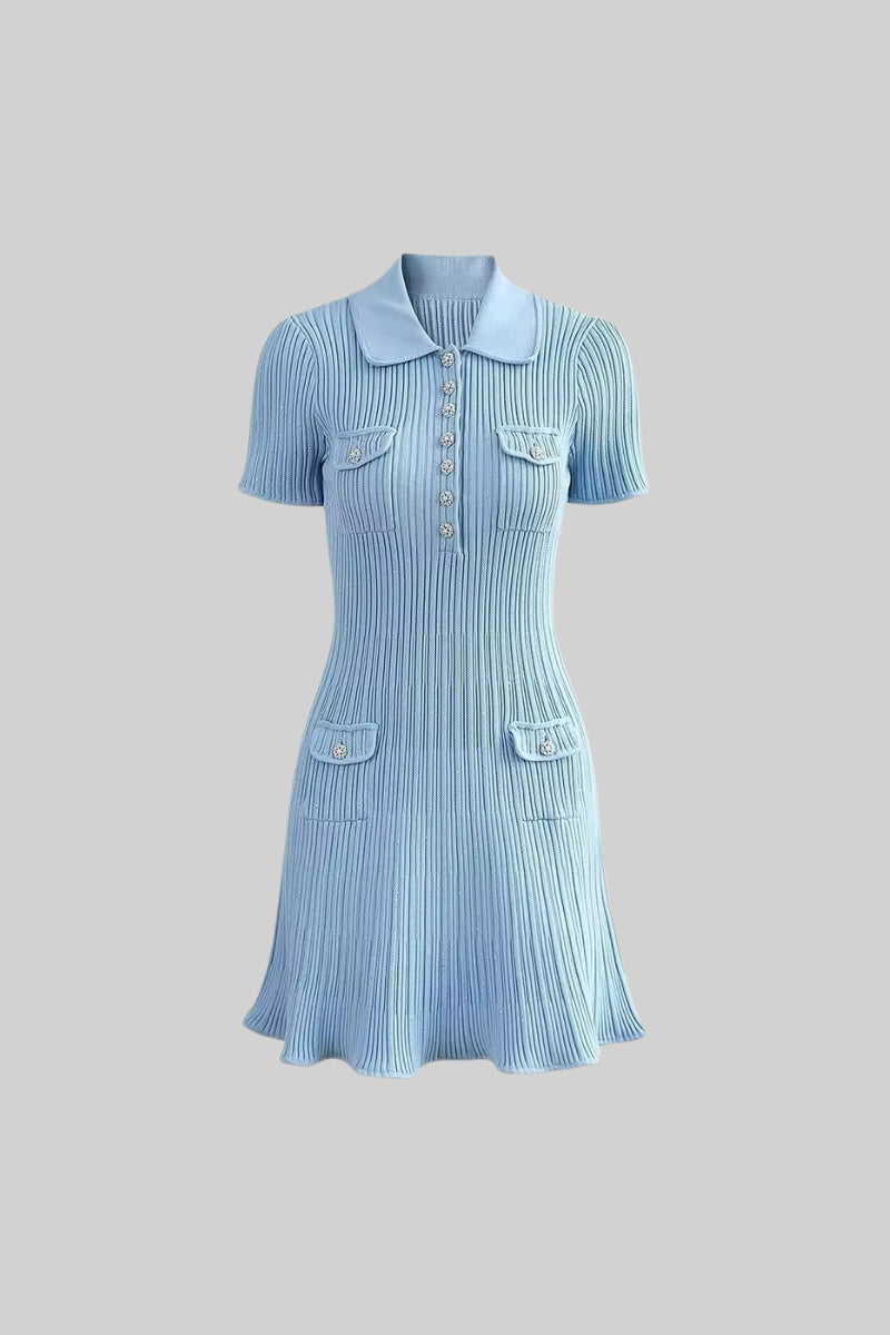 Ribbed Knit Sequin Jewel Button Collar Patch Pocket Ruffle Hem Short Sleeve Mini Dress - View 2