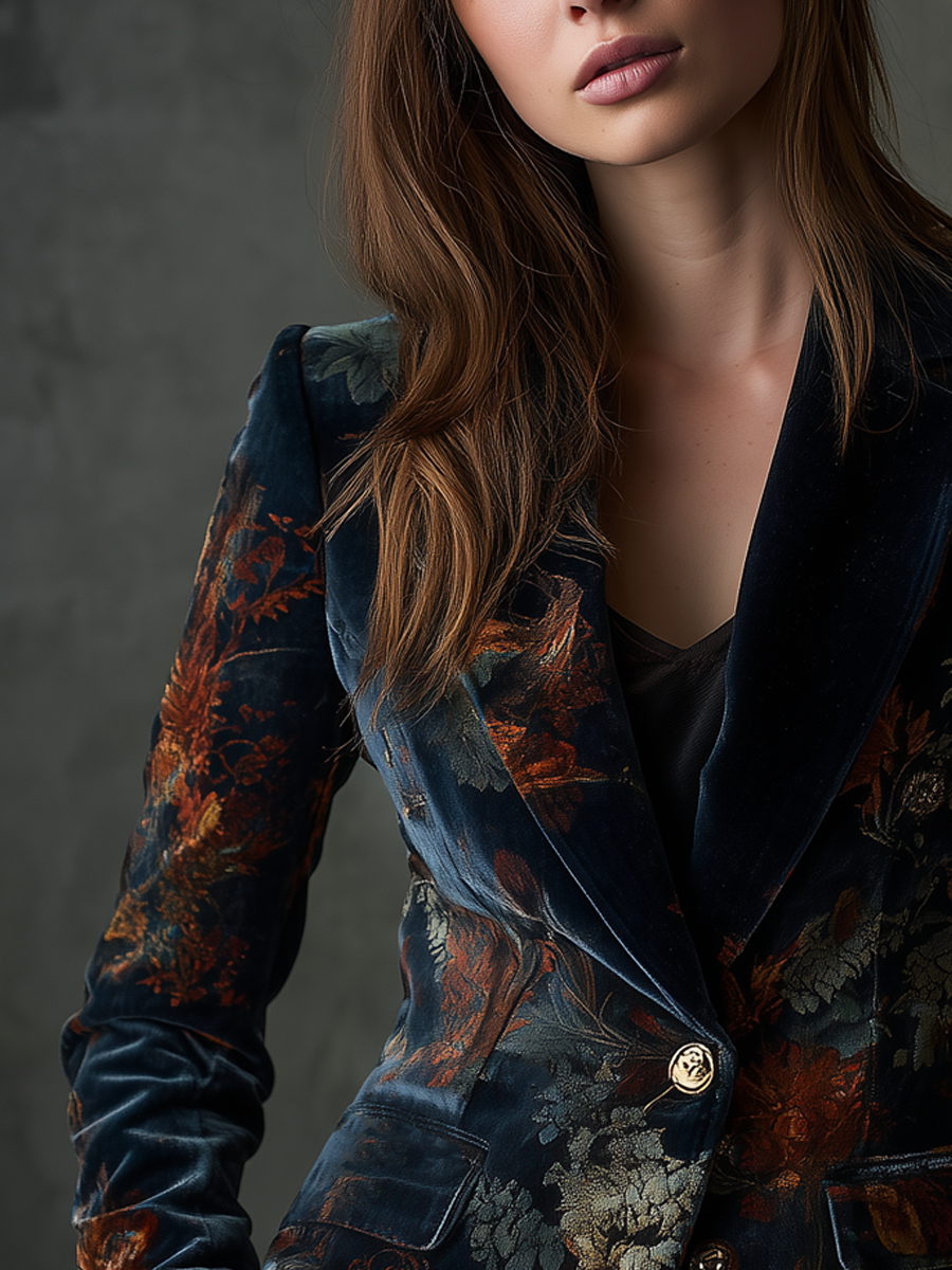 Floral Print Peak Lapel Single Button Velvet Blazer 2