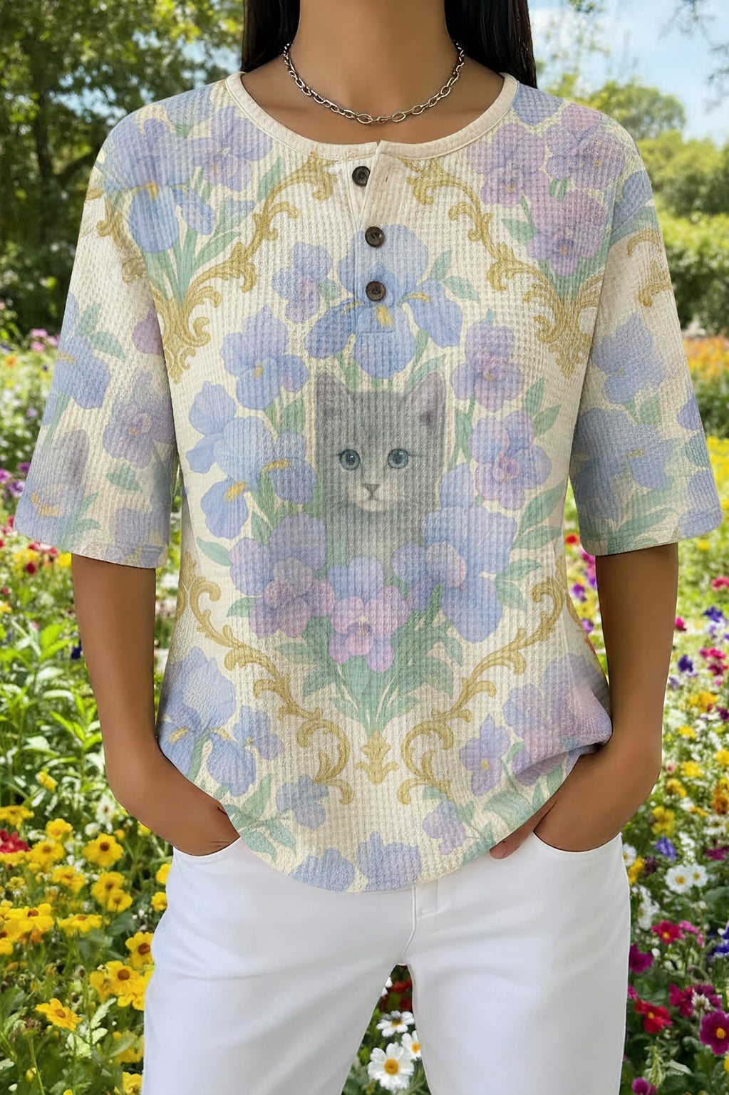 Cat Floral Print Waffle Knit Henley Short Sleeve Top