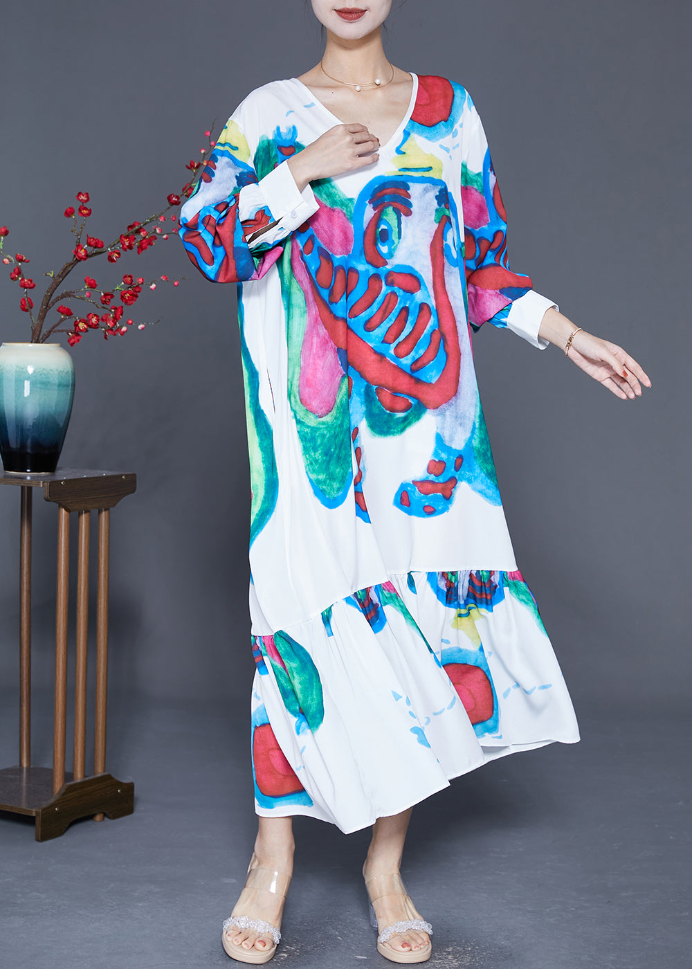 Abstract Print Long Sleeve V-Neck Tiered Ruffle Oversized Maxi Dress - View 2