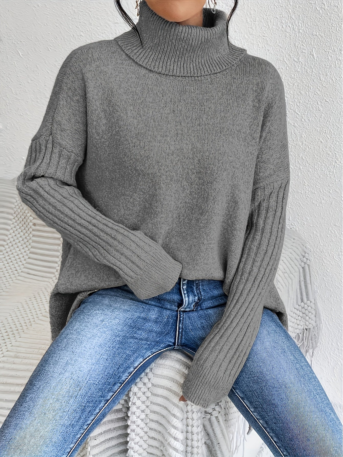 Turtleneck Long Sleeve Oversized High Low Sweater 16