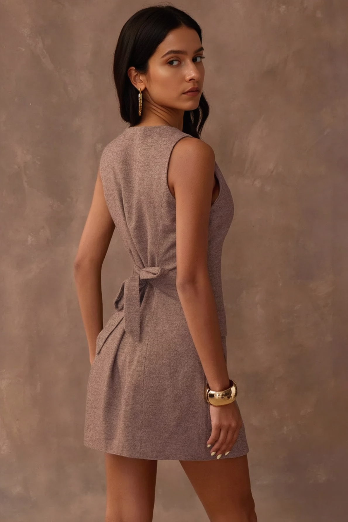 Crew Neck Sleeveless Button Front Tweed Look Mini Dress 3