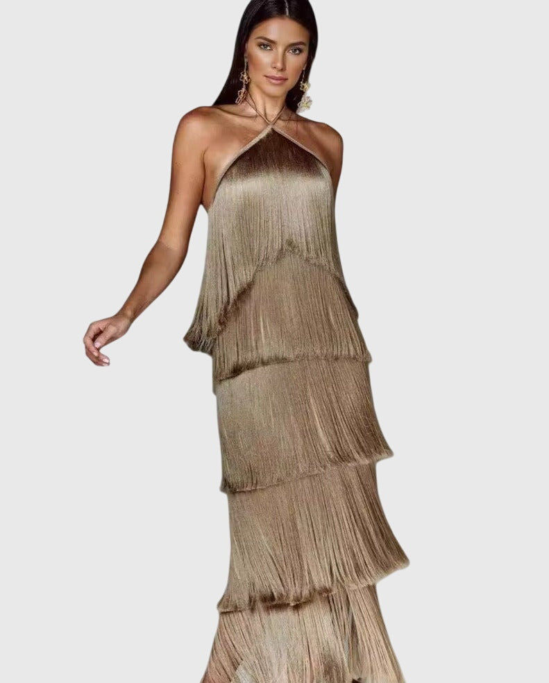 Halter Neck Tiered Fringe Maxi Dress 7