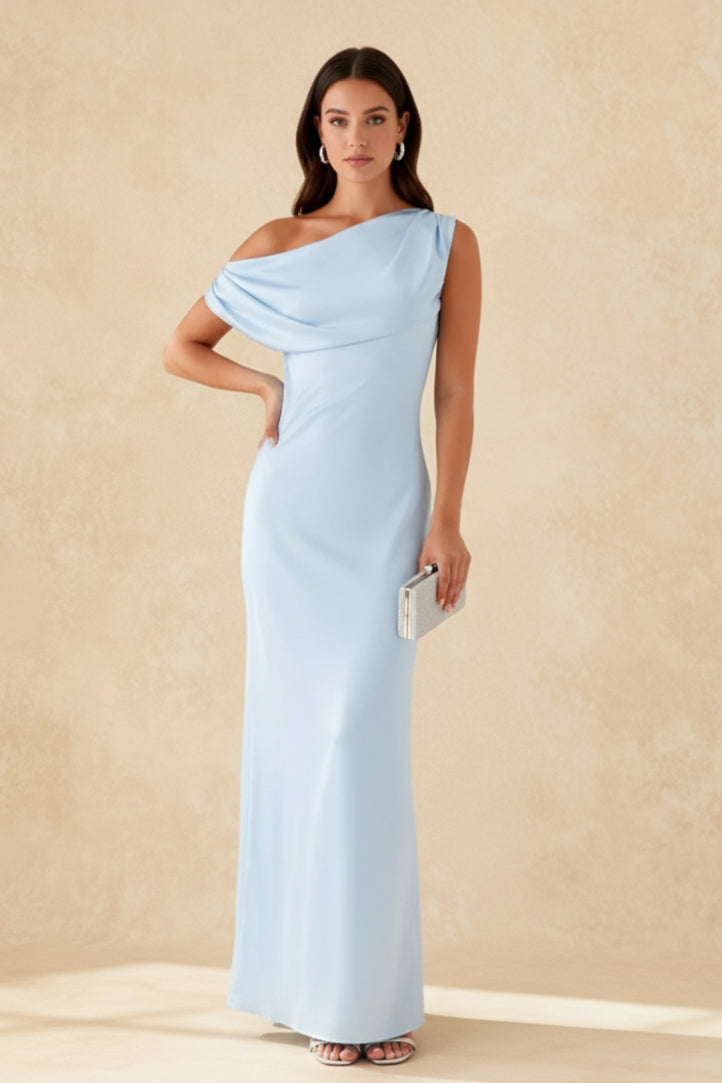 Satin One Shoulder Draped Mermaid Gown - View 3