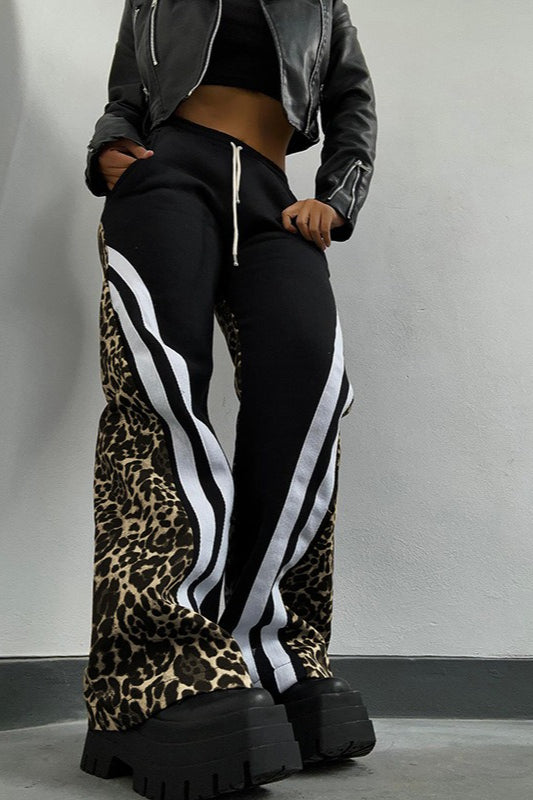 Leopard Print Stripe Color Block High Waist Loose Pants