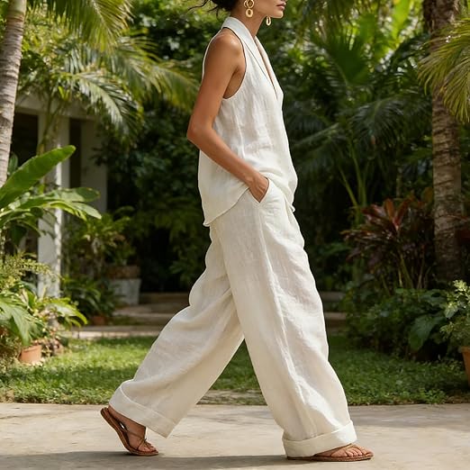 Halter Deep V-Neck Top and Wide Leg Pants Two Piece Set 4