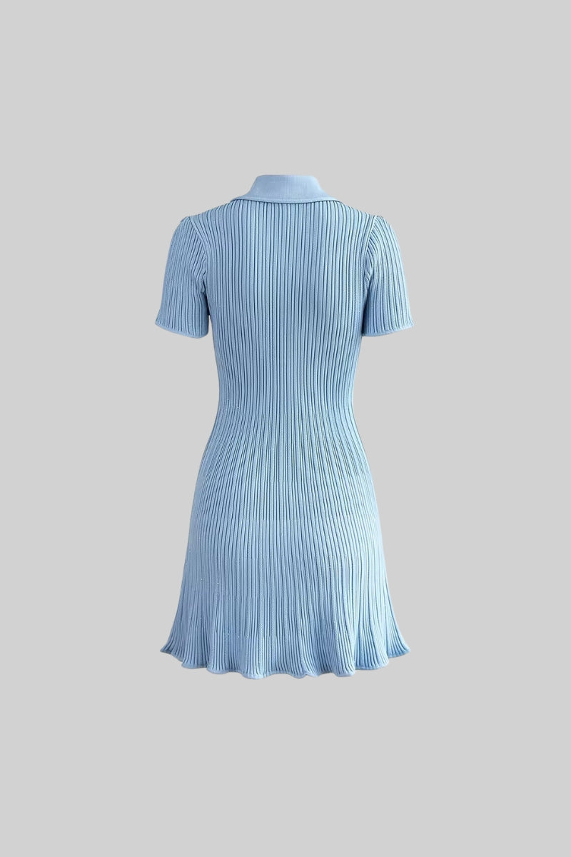 Ribbed Knit Sequin Jewel Button Collar Patch Pocket Ruffle Hem Short Sleeve Mini Dress - View 11