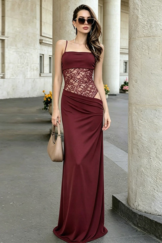 Square Neck Spaghetti Strap Lace Corset Ruched Mermaid Maxi Dress