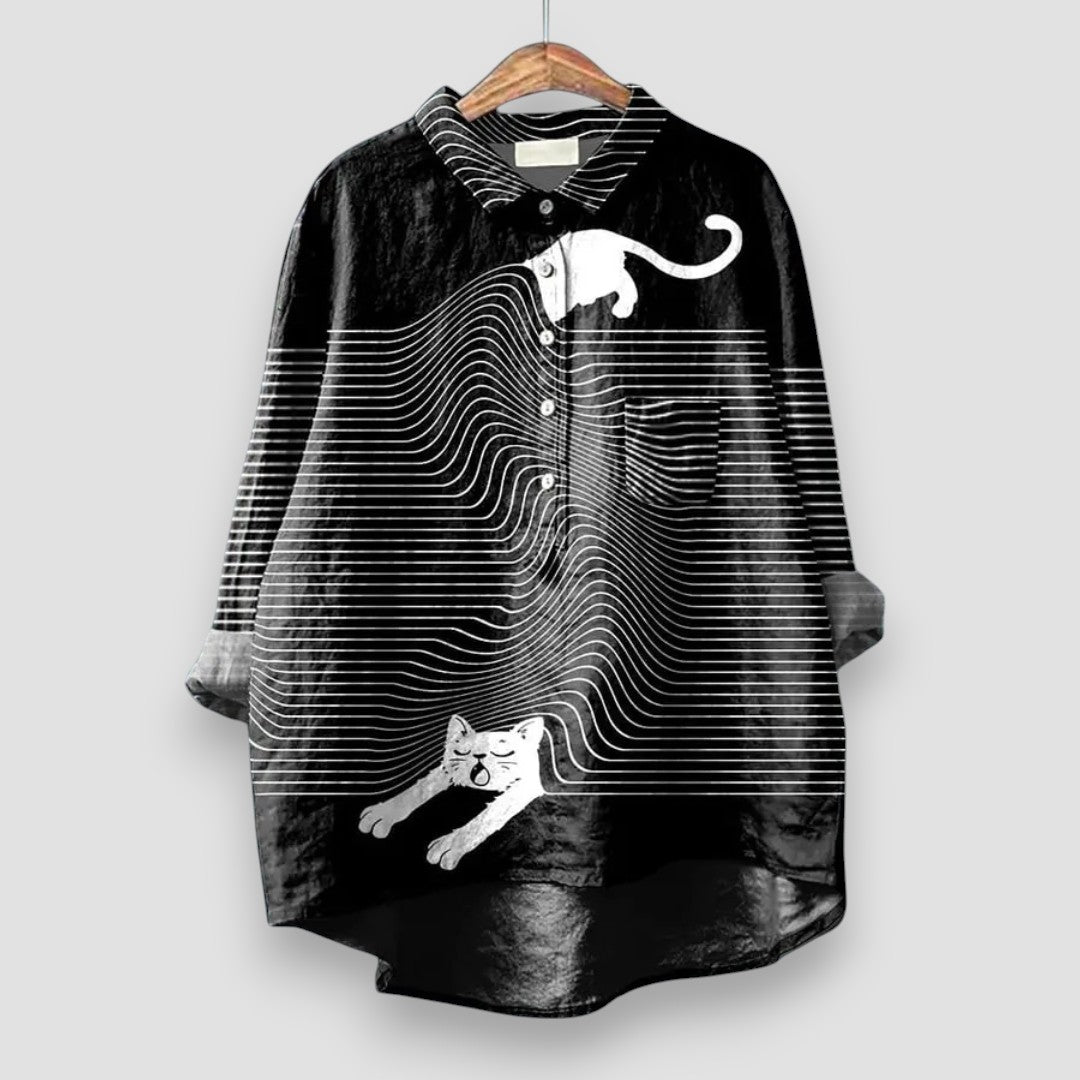 Dog Print Collared Long Sleeve Button Front High Low Shirt 4