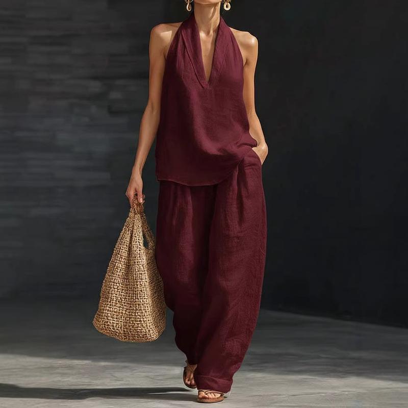 Halter Deep V-Neck Top and Wide Leg Pants Two Piece Set