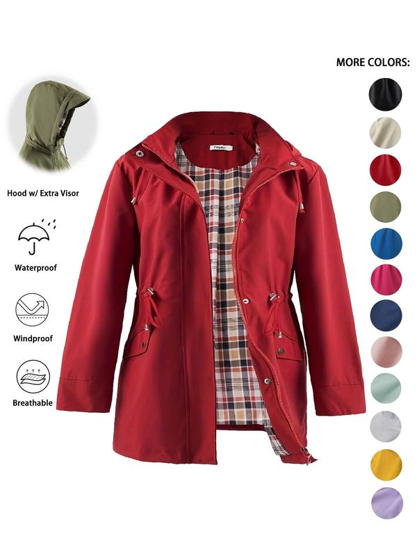 Hooded Zip Front Drawstring Waist Rain Jacket