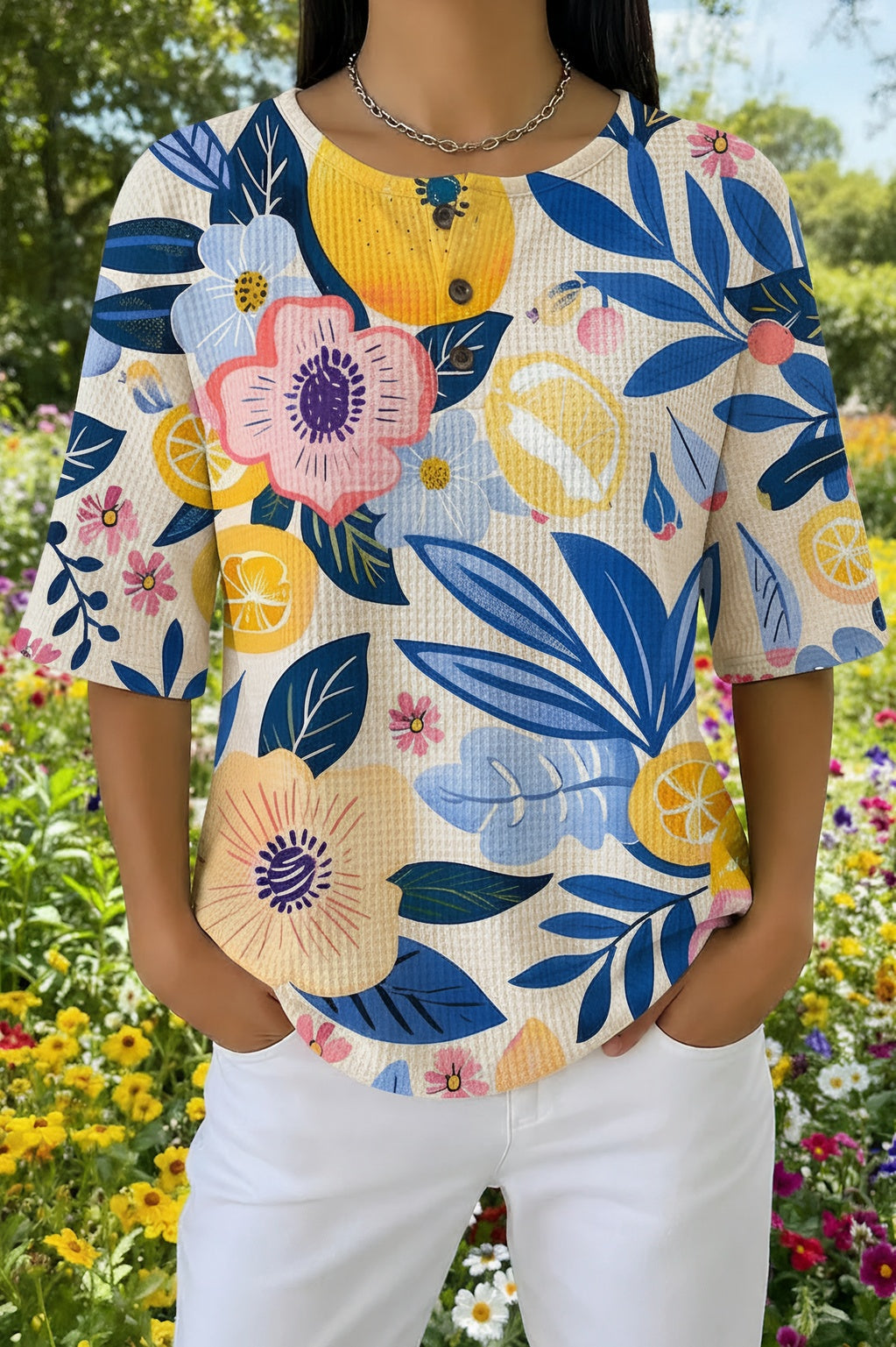 Henley Neck Floral Print Short Sleeve Waffle Top