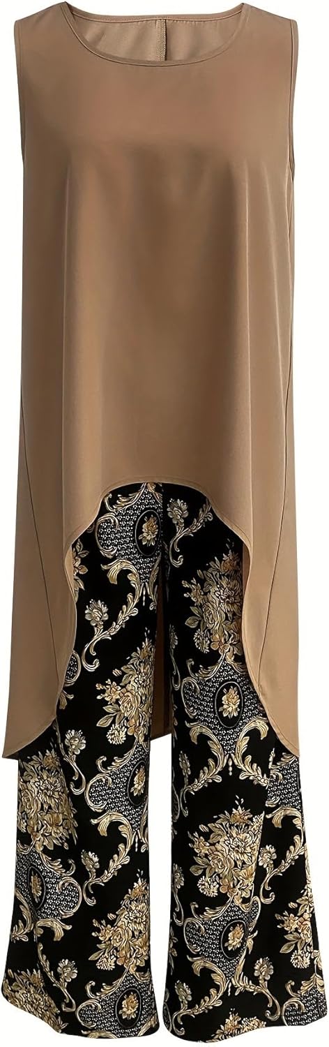 Sleeveless High Low Tunic Top and Paisley Wide Leg Pants Two Piece Set 5