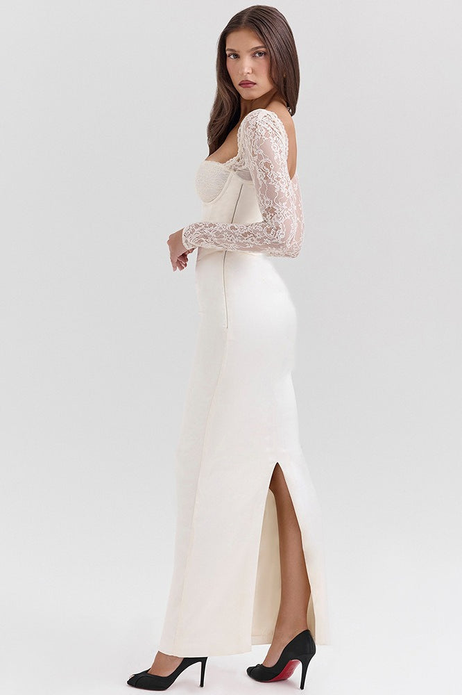 Long Sleeve Lace Satin Maxi Dress - View 4