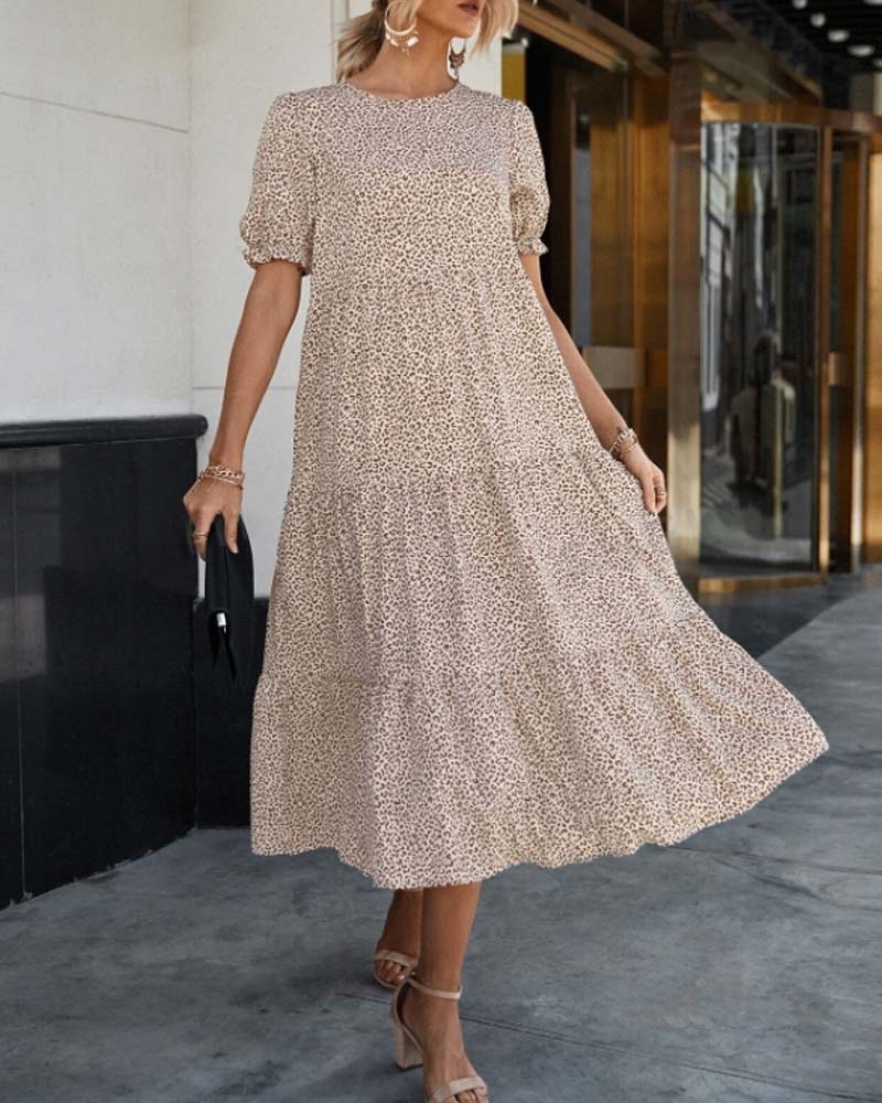 Leopard Print Crew Neck Puff Sleeve Tiered Smock Midi Dress - View 3