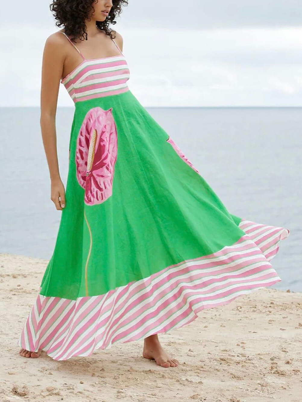 Striped Spaghetti Strap Smocked Tiered Flowy Maxi Dress 7
