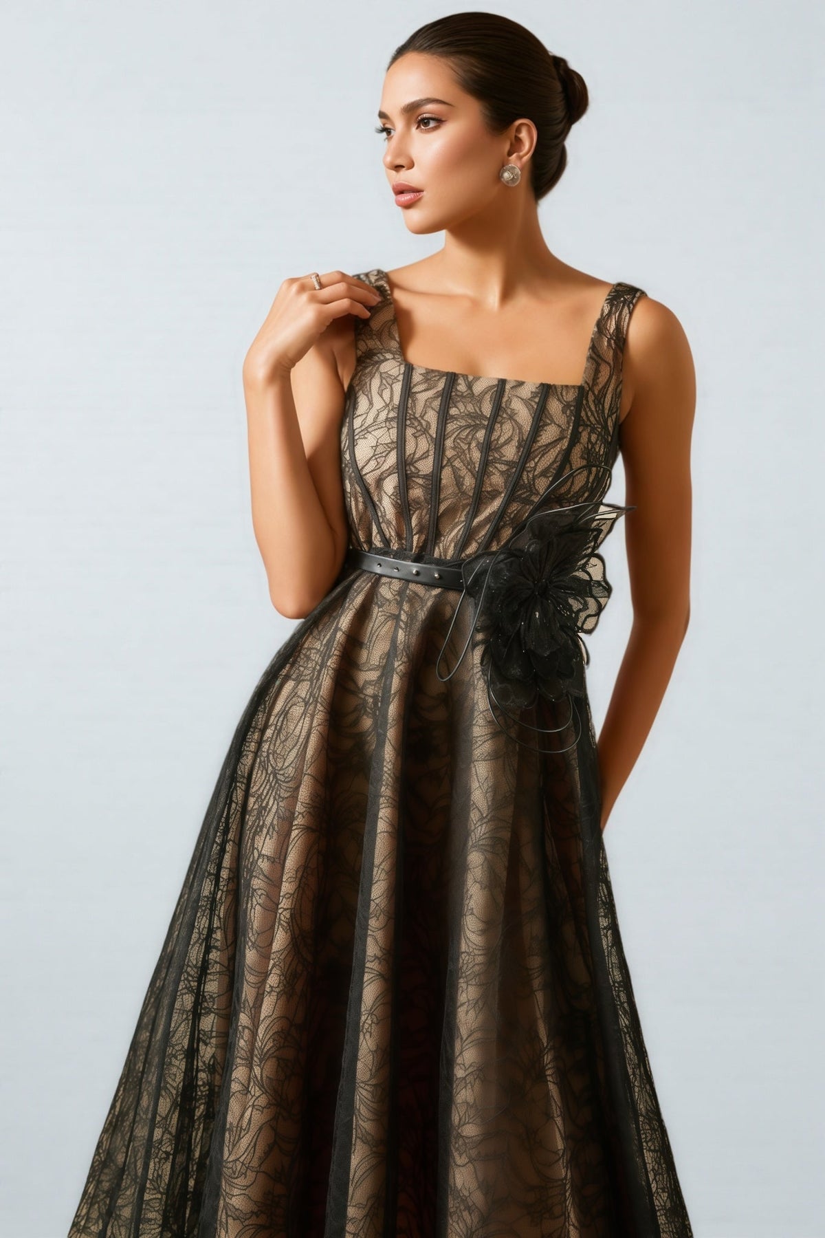 Floral Lace Square Neck Fit and Flare Midi Dress - View 6