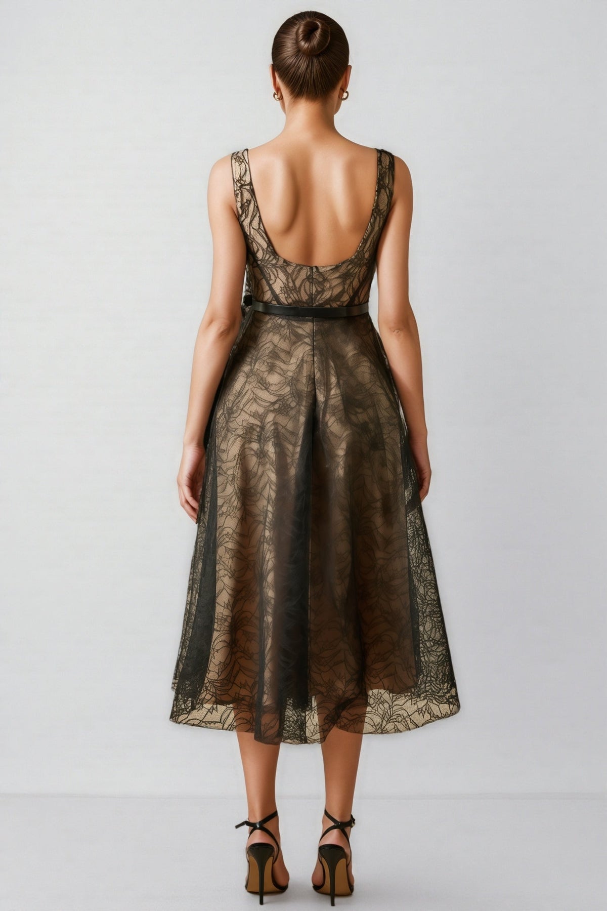 Floral Lace Square Neck Fit and Flare Midi Dress - View 5