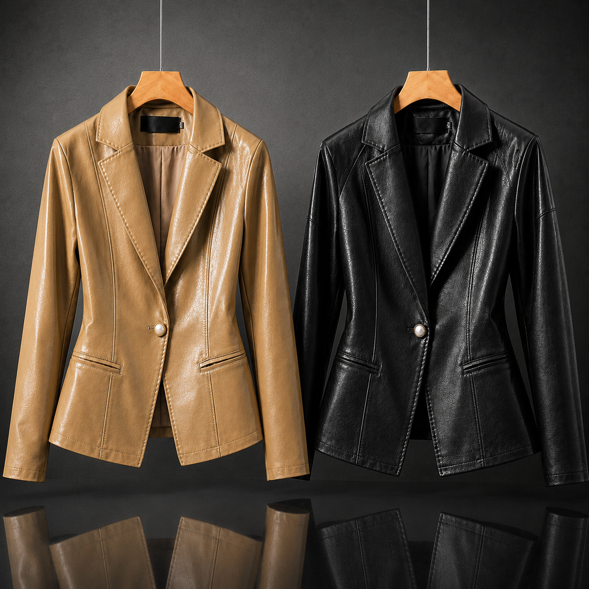 Faux Leather Notch Lapel Single Button Blazer 5