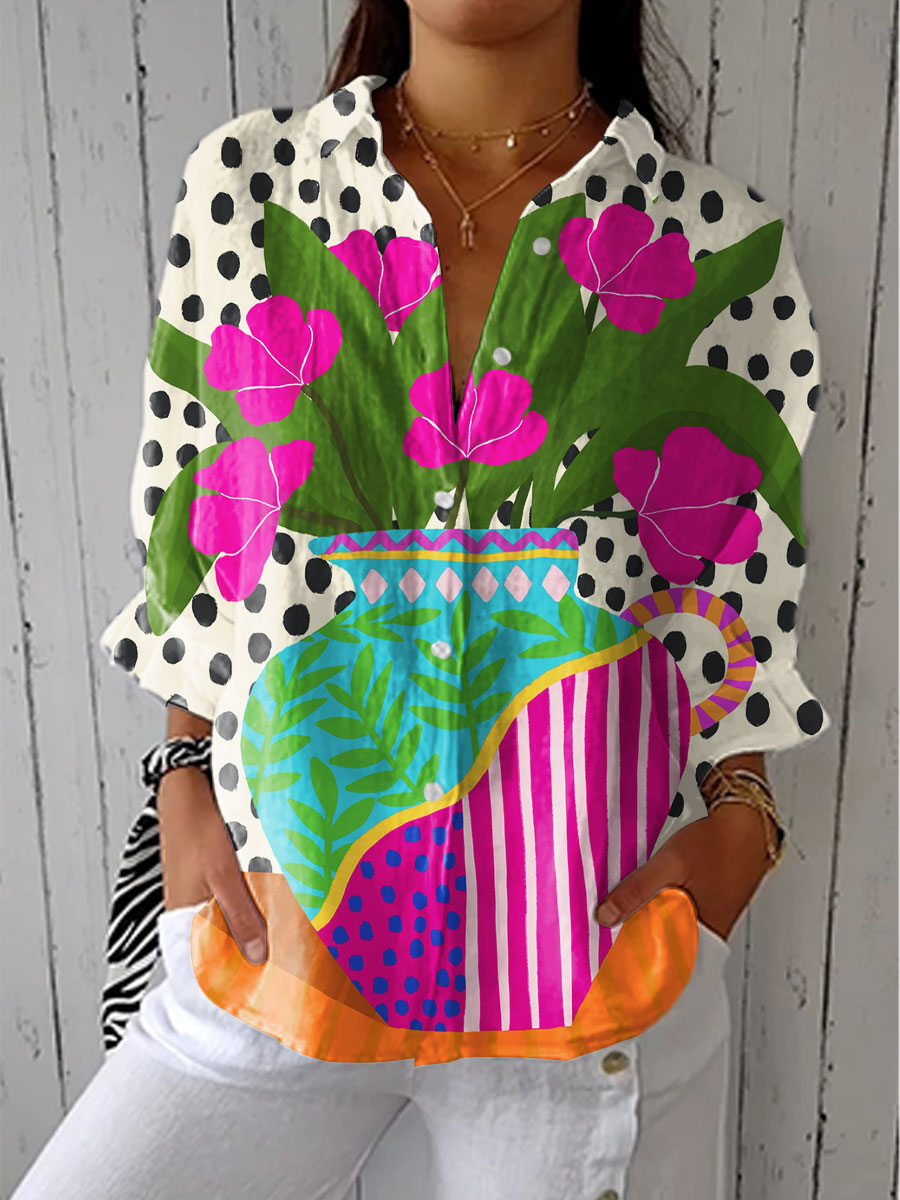 Polka Dot Floral Collared Button Front Oversized Blouse 2