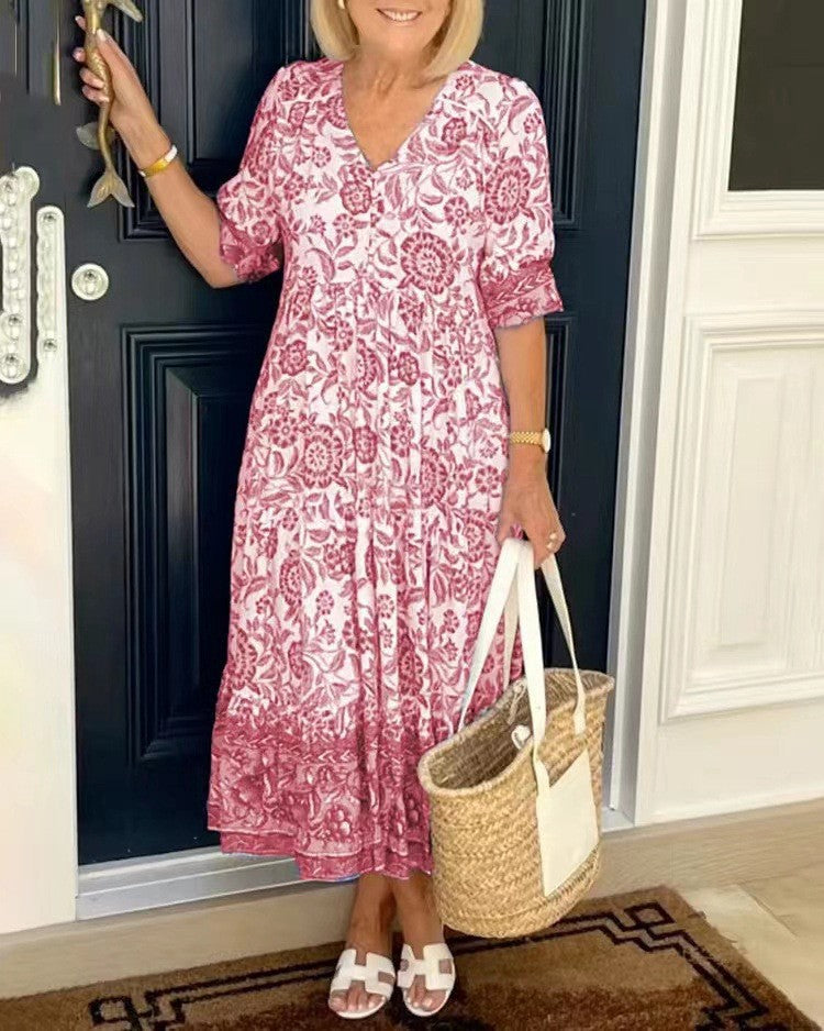 Floral Print V-Neck Puff Sleeve Tiered Maxi Dress 3