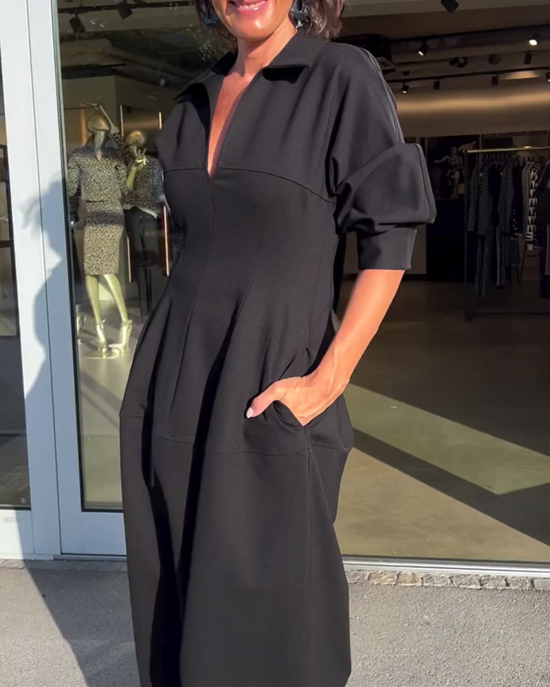Collared V-Neck Short Sleeve Pocket Cocoon Midi Dress 2