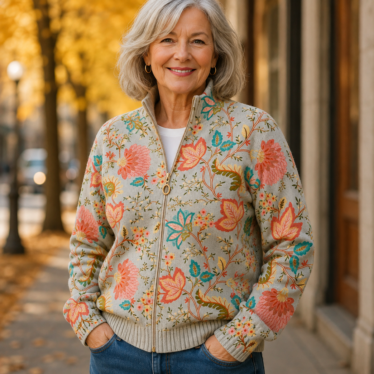 Floral Print Zip Front Ribbed Knit Bomber Jacket 3