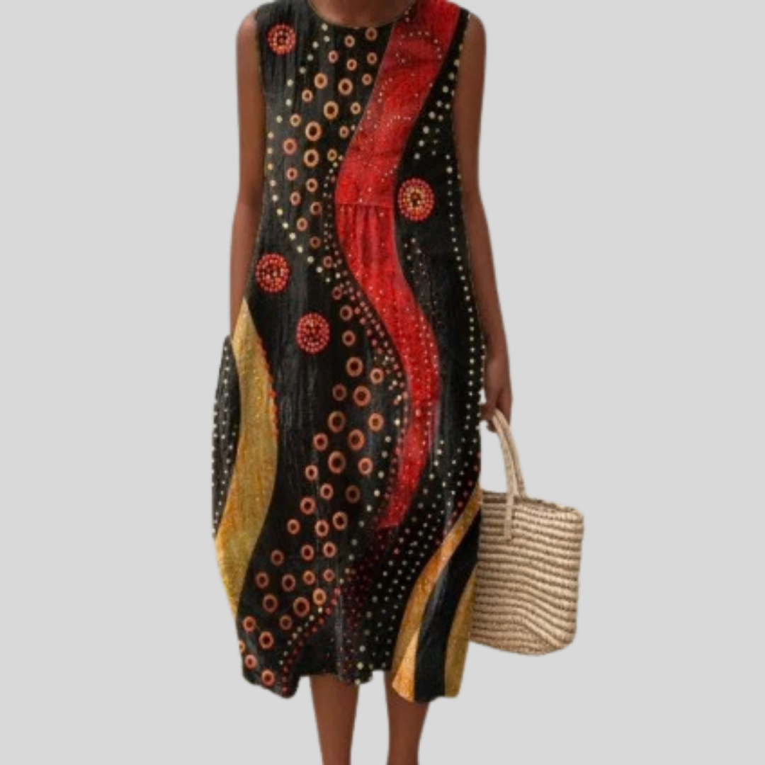 Abstract Print Round Neck Sleeveless Midi Dress