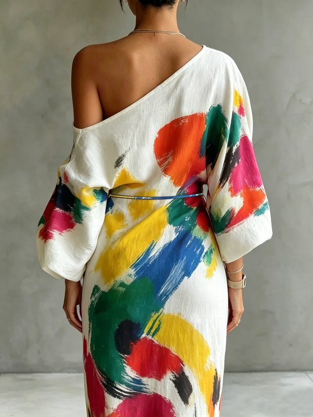 Abstract Paint Print One Shoulder Batwing Maxi Dress 4