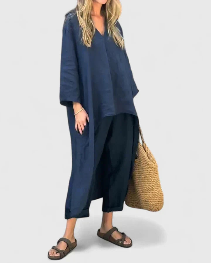 V-Neck Long Sleeve Top and Wide Leg Pants Two Piece Set 2